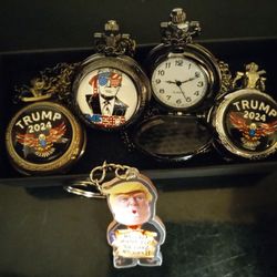 " DONALD TRUMP"  FOUR POCKET WATCHES AMD KEYCHAIN--- BRAND NEW WITH BRAND NEW BATTERIES!