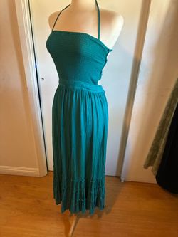 NWOT R.Vivimos Teal Boho Smocked Halter Tiered Maxi Dress - S (4/6)