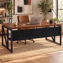 63-In Computer Desk with Storage Shelf, Home Office Desk. Dark Brown & Black.