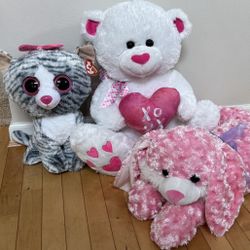 Larger Stuffed Animals - Kiki Beanie Boo, XO Heart Bear And Pink Rabbit 