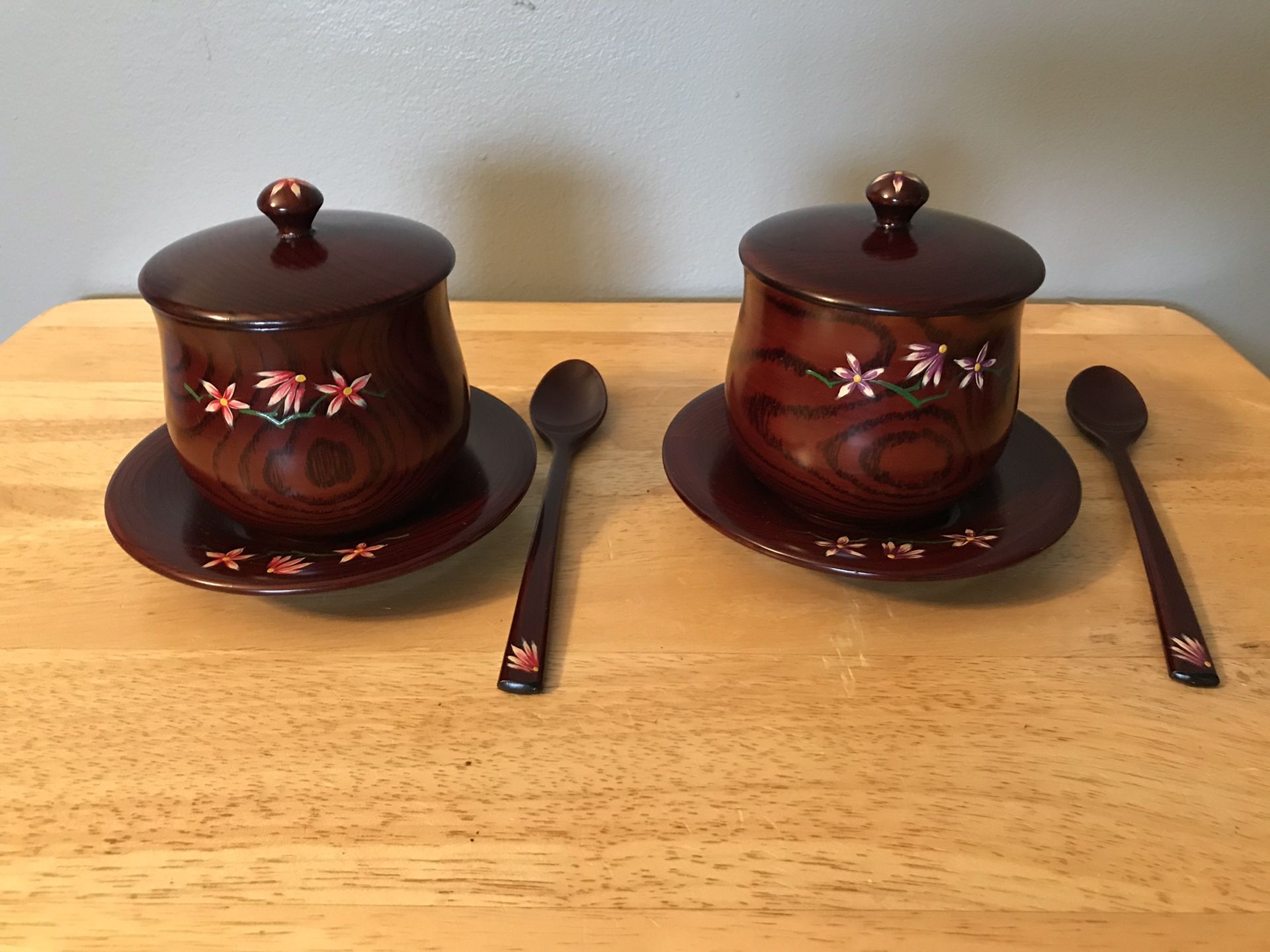 Asian Wooden Tea Set for 2 with Floral Design