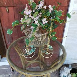 Three piece metal  garden planter, basket and two candle holders.