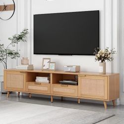 Harper & Bright Designs Rattan TV Stand for 85 inch TV, Wood TV Storage Cabinet with Open Shelves and 2 Drawers, Media Console with Solid Wood Legs fo