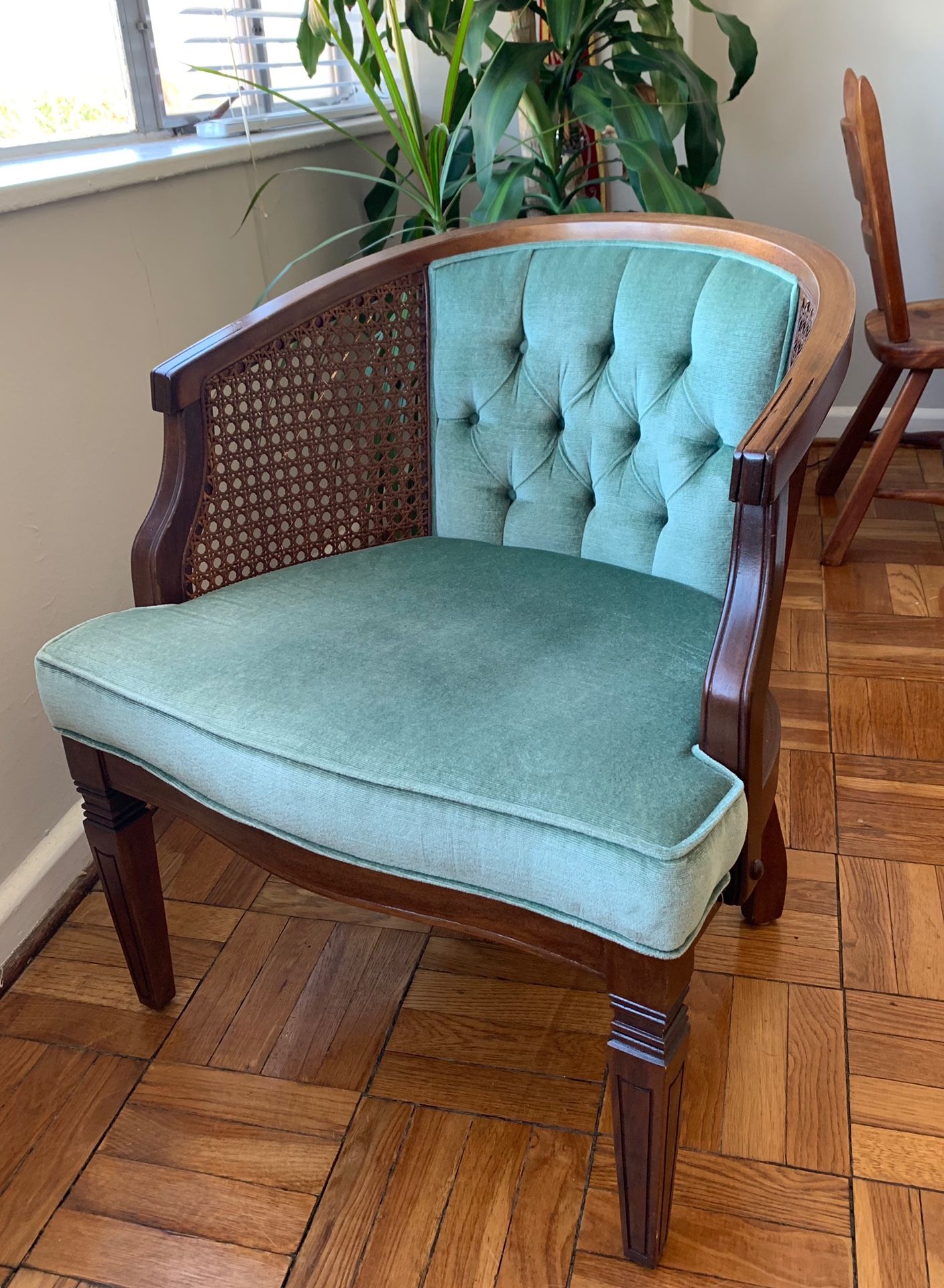 Vintage Mid Century Turquoise Tufted Cane Side Armchair