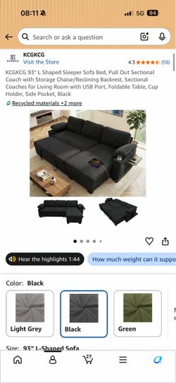 93” L-Shaped Sleeper Sofa Sectional, Black