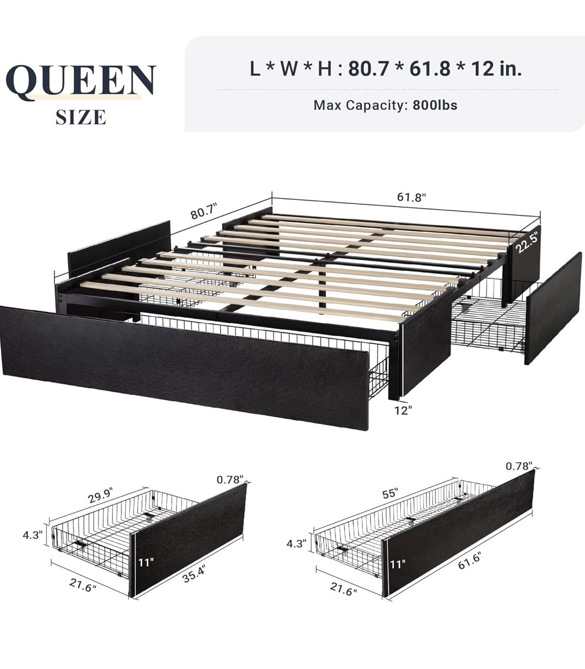 Black Queen Size Platform Bed Frame with 3 Storage Drawers