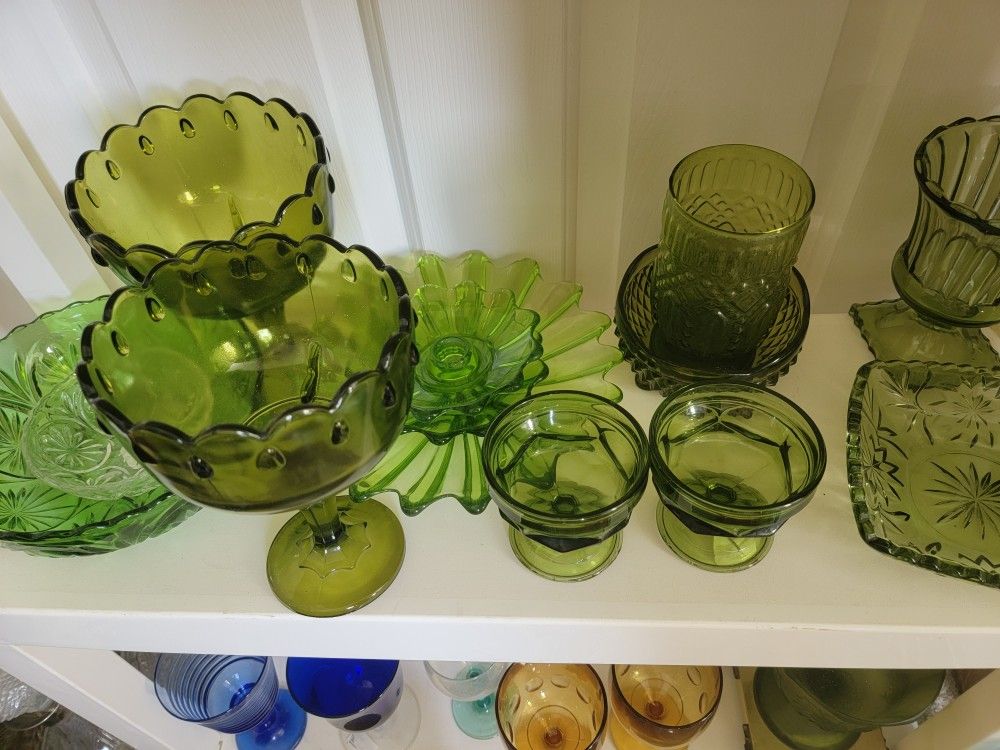 Vintage Indiana Glass Large Compote Dish Pedastal Bowls Green Glassware 
