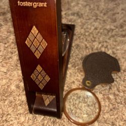 Vintage Foster Grant Beechwood Glasses, With Original Flipstyle Wooden case, As well as a vintage Monocle,  With Connected Leather Pouch Attached