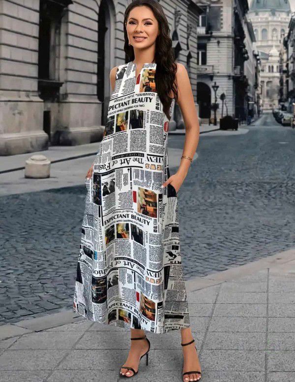 Chic & Trendy Newspaper Letter Graphic Print Notched Neck Long A-Line Casual & Evening Women's Dress
