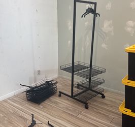 For Sale: Double-Sided Portable Clothing Racks with Baskets on Wheels - $20