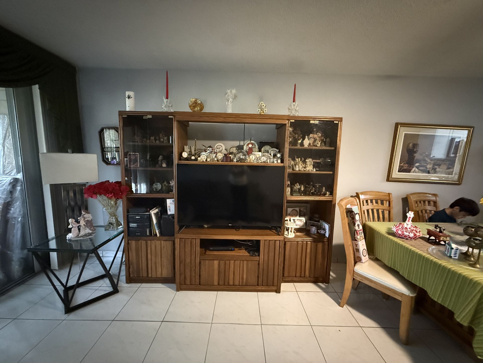 Solid Wood Entertainment Center With Glass Doors And Lighting