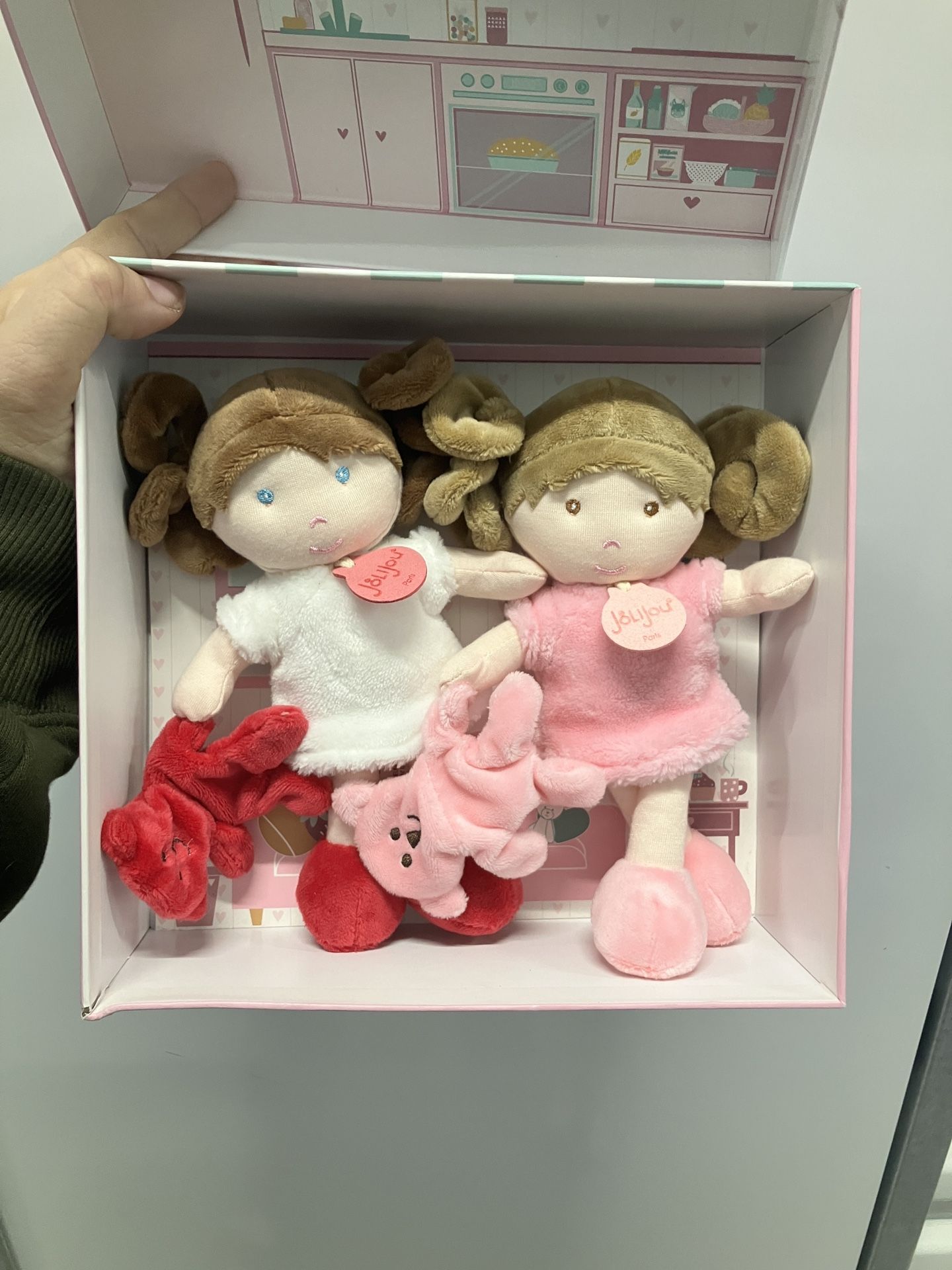 New Jolijou Paris Set of 2 Twin Plush Dolls with Teddy Bear