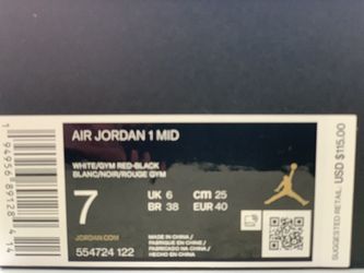 Air Jordan 1 Mid Gym Red White Black Sz 7