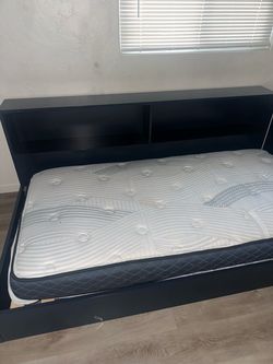 Blue Bed Frame with Storage Headboard and Mattress