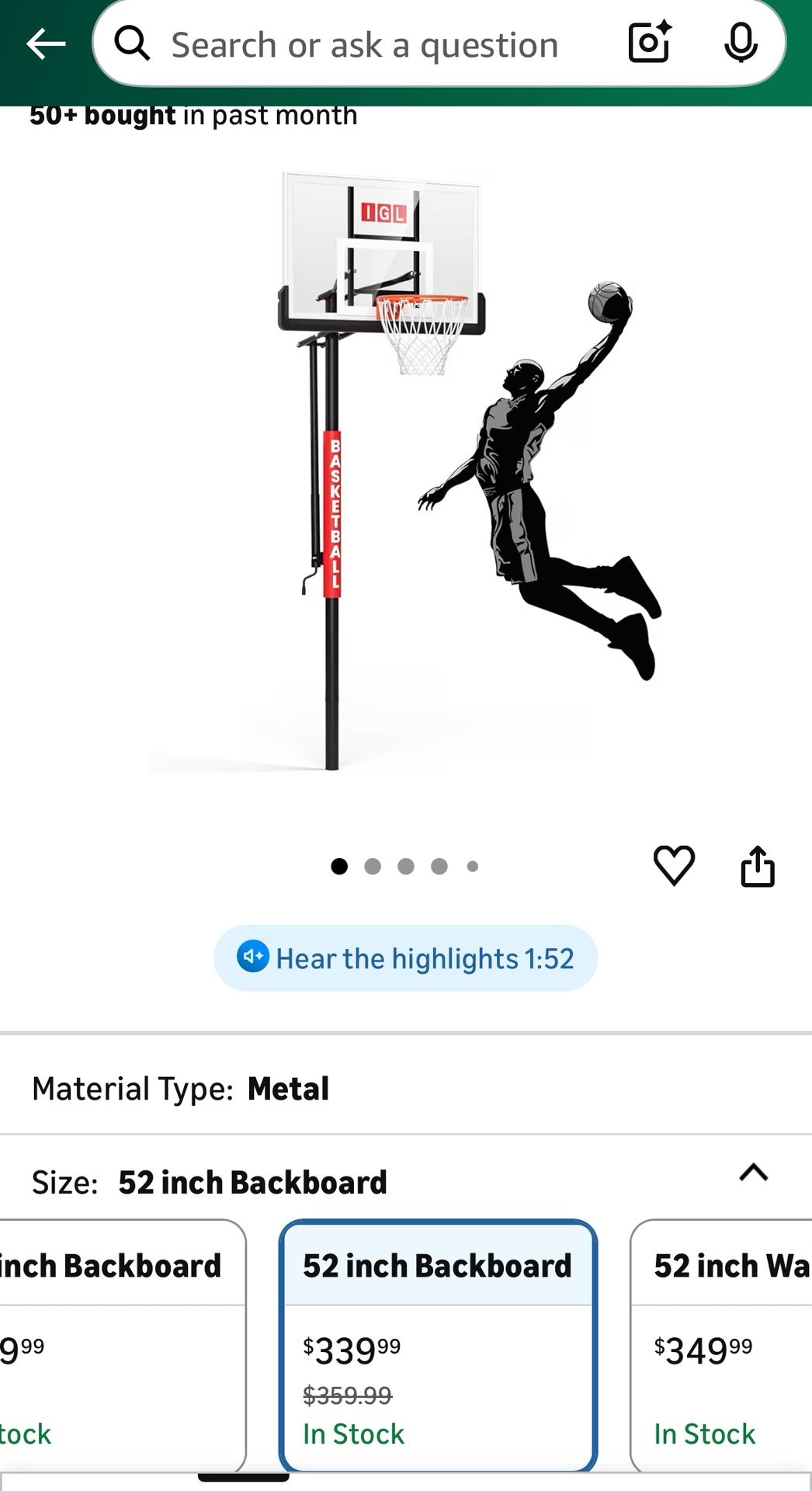 Basketball Hoop 52” In Ground