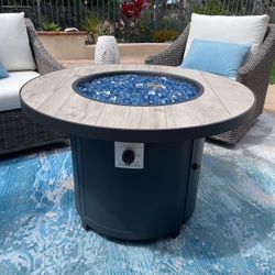 OW LEE Round CAPRI IRON Propane Casual Fire Pit Table with Blue Glass