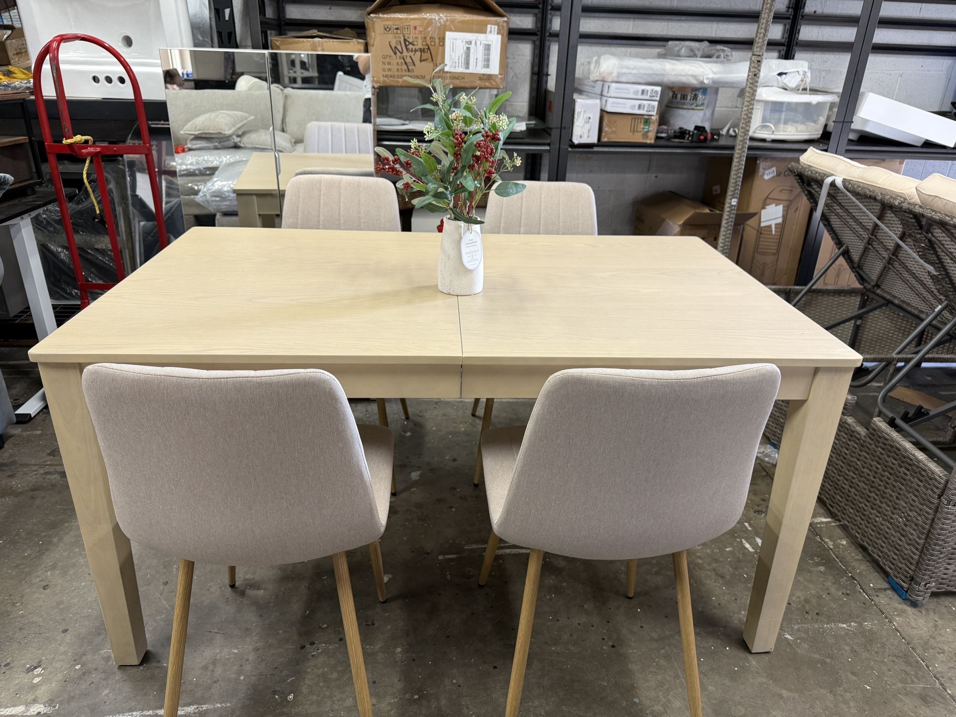 Rustic 5-Piece Dining Table Set, Extendable Dining Table with 18inch Removable Leaf and 2 Built-in Drawers, 4 Upholstered Dining Chairs, Home Kitchen