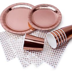 Brand new Sealed Disposable Plates Rose Gold Party Supplies Paper Plates, Napkins, Cups for Kids Birthday, Graduation, Wedding Etc for 24 Guests