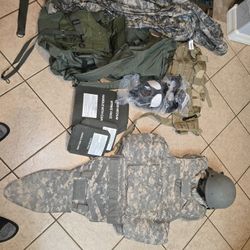  Bullet Proof Vest And Helmet Full Kevlar & Accessories Like Goggles Gas Mask Rain Pancho And Duffel Bag.