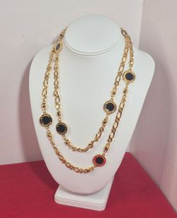 Vtg St. John Gold-Tone Black Accent Long Chunky Chain Statement Necklace 43"