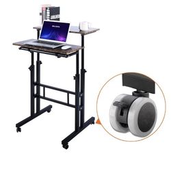 Double Adjustable Computer Desk Home Office Workstation with Rolling Wheels, Portable Laptop Table for Standing or Sitting, Adults or Children,Brown, 