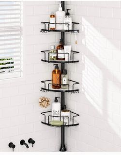 ALLZONE Corner Shower Caddy Tension Pole, 4 Hang-On Basket with Mixed-Height Shelves for Various Bottle Sizes, Extra Hooks & Soap Holder, Rustproof St