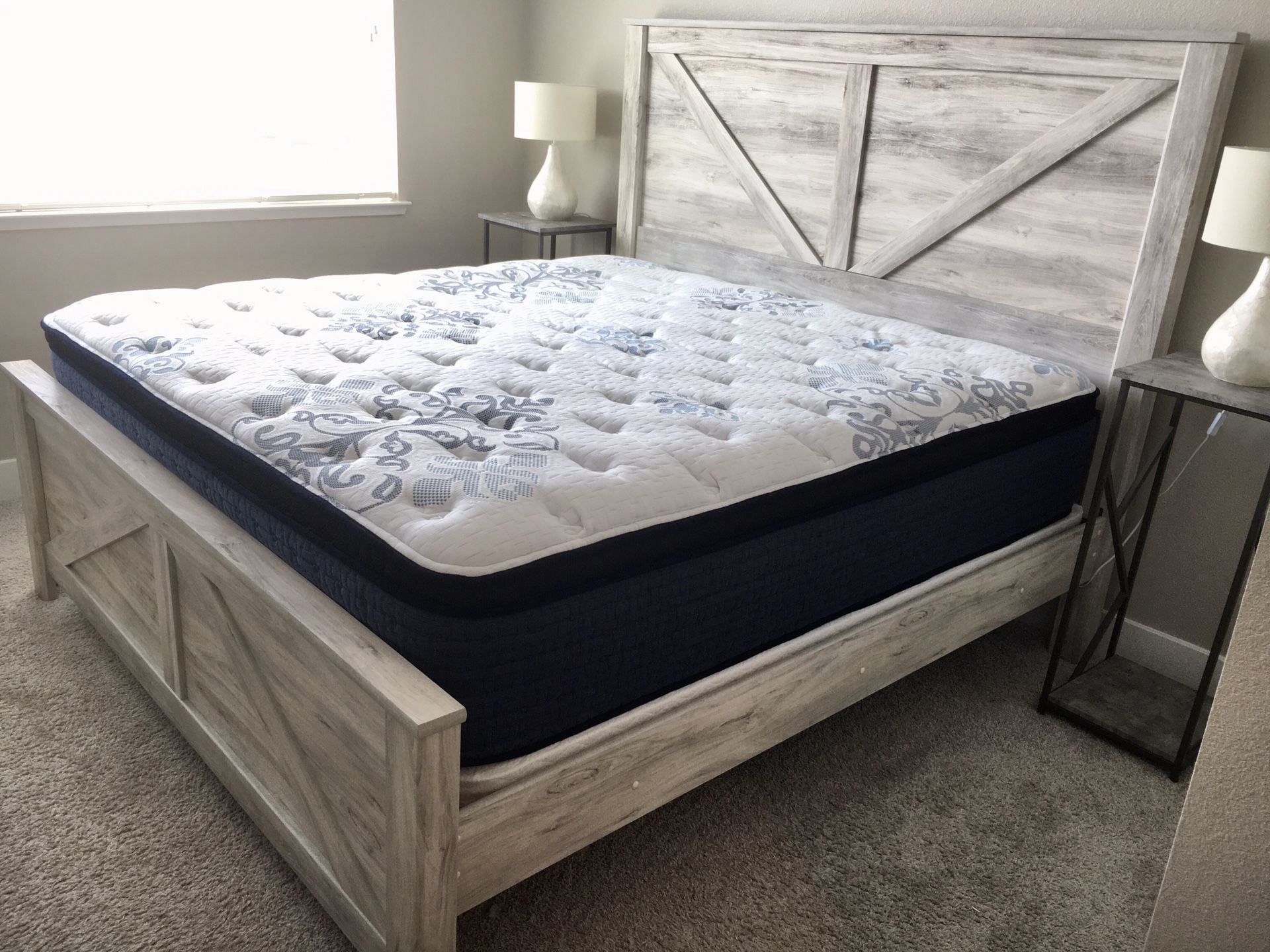 Like New! King Bed Set - Frame, Mattress, Box Spring and XL Dresser