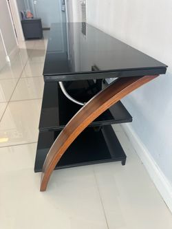 Modern Black Glass TV Stand with Wood Accents