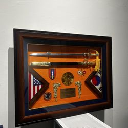 U.S. Army 36th Signal Battalion Custom Shadow Box w/ Ceremonial Sword & Clock