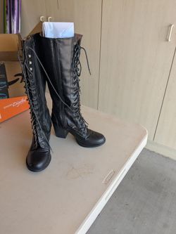 Lace front knee high boots, zipper closure