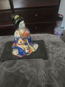 Japanese Porcelain Geisha Figurine with Cat