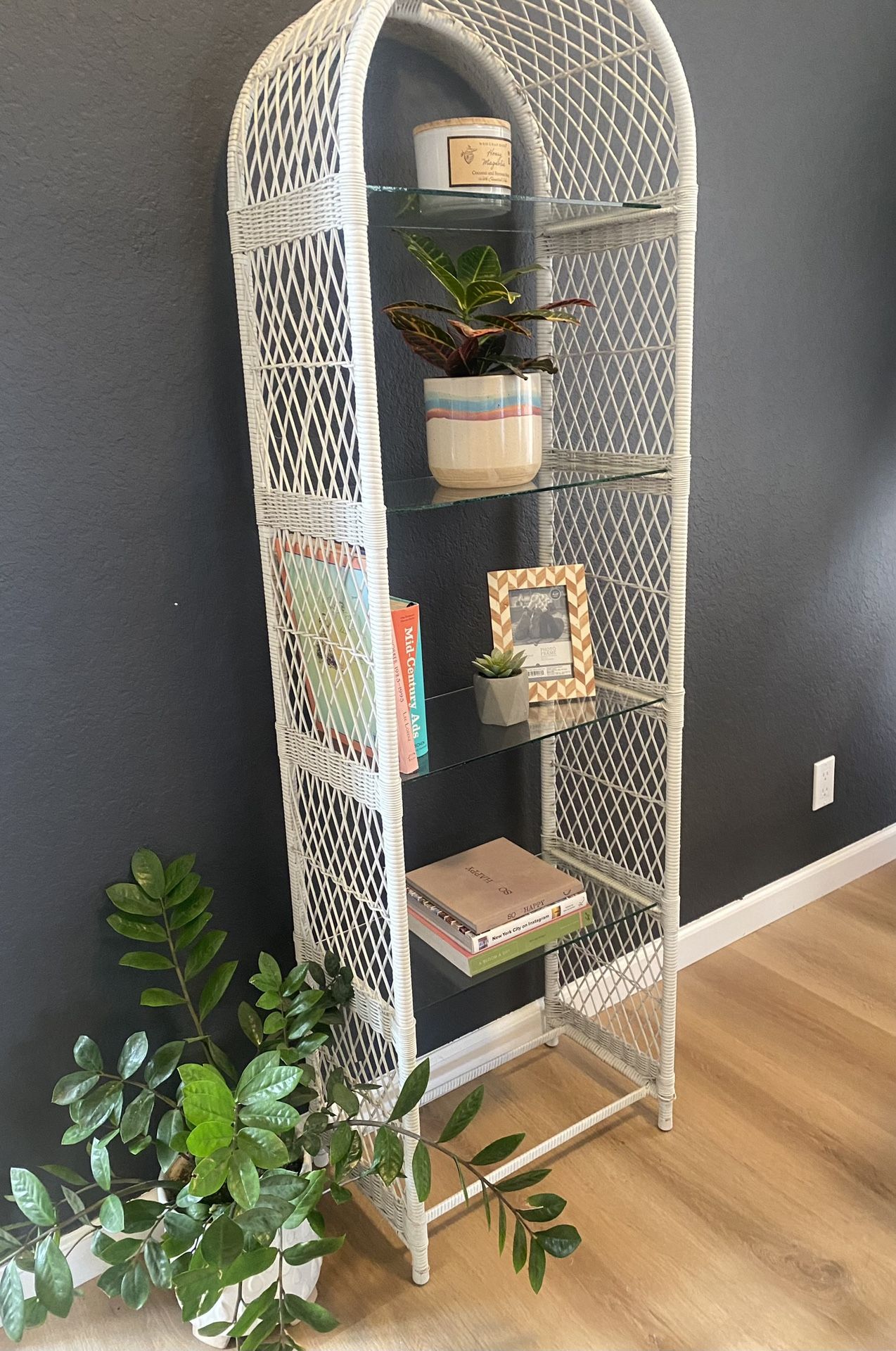 White Wicker Bookcase With Glass Shelves