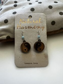 Wood Drop Earrings - Yin Yang Design
