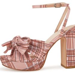 VETASTE Pleated BowKnot Platform chunkyblock HeeledSandals OpenToe PinkPlaid 5.5