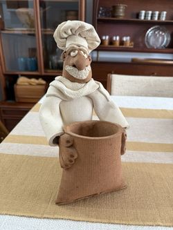 Clay pottery utensil holder man chief big nose mustache folkart sculpture figure