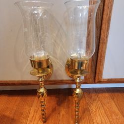 Pair Of Brass Hurricane Candle Wall Sconces 