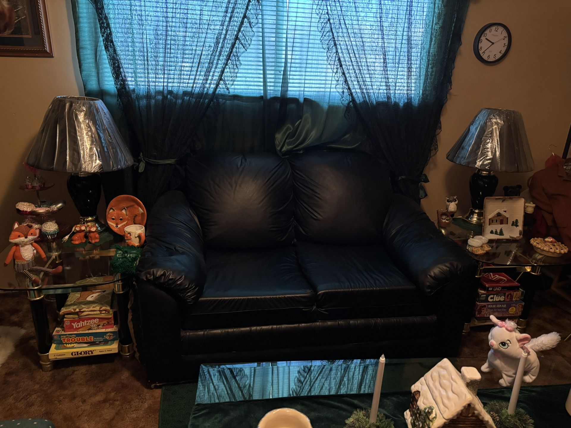 Love Seat Couch, 2 Black Lamps, 2 End Tables And A Bear Coffee Table