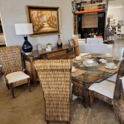 Weathered Rattan Dining Set w/ Glass Table, Sideboard & 6 Chairs – San Diego