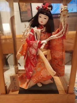 Vintage 1950s Japanese Maiko Harukoma Doll Hand-Built Natural Wood Glass Case