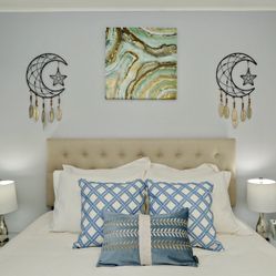 Beige Tuffed Queen Headboard With Black Metal Adjustable Frame - No Mattress Or Box Spring