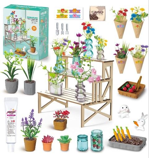 Make It Miniature Botanicals Kit - Mini Plants Collectibles with Flowers, Bouquets, Bonsai, Succulent, Garden, Wooden Display Stand - DIY Crafts Toy G