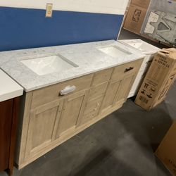 SALE - 72” Grey Oak Solid Wood Bathroom Vanity With Marble Top (V12)