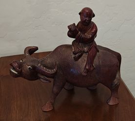 Chinese Carved Wood Water Buffalo and Boy Republic Era