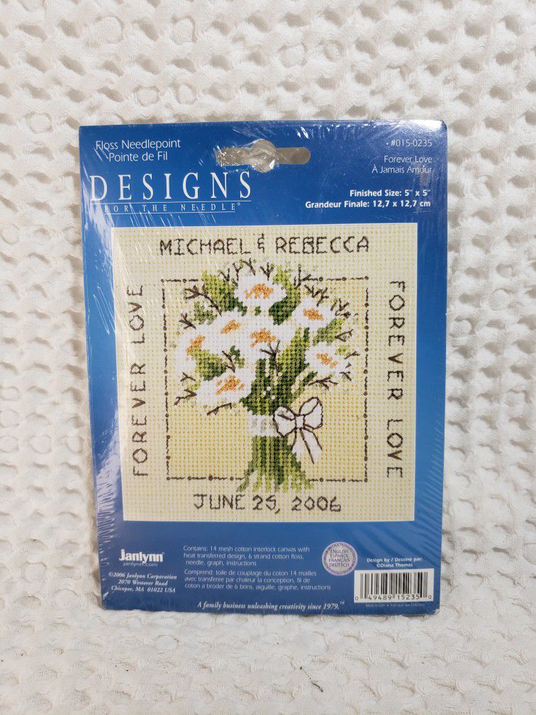 Designs for the Needle Forever love Needle point kit #015-0235 . Finished size 5" X 5"  New kit . Smoke free home. 