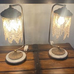 Antique Brass Hanging Beaded Table Lamps (2)