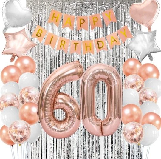 Happy 60th Birthday Decorations for Woman-Complete 60 Party Decor-Rose Gold 60th Birthday Balloons Kit for Women with 40" Giant 60 Number Balloon