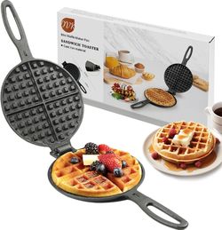 7 Inch Round Cast Iron Waffle Iron Plant Oil Care Two Piece Hinged Non Electric Waffle Maker