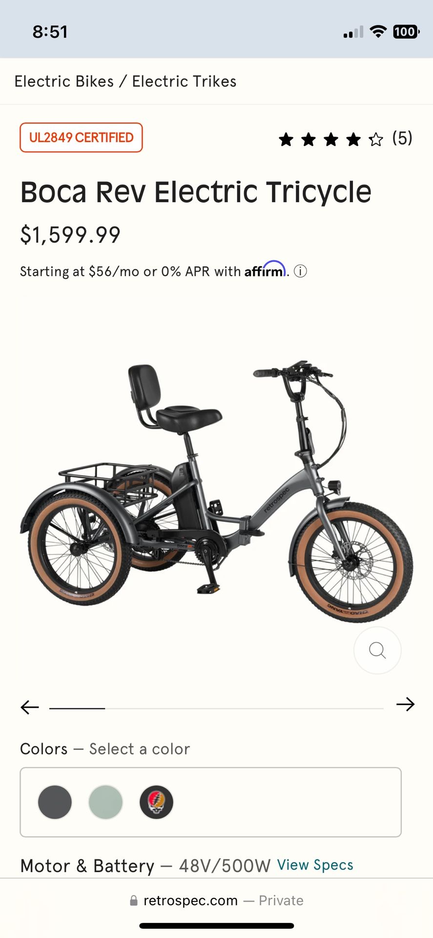 Brand New Retrospect Boca Reve Electric Trike