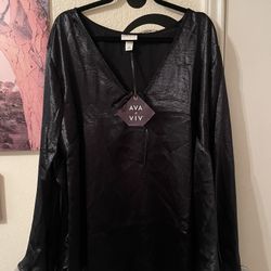 Ava & Viv Plus Size Womens long-sleeve, tie-neck satin blouse black, size 4X