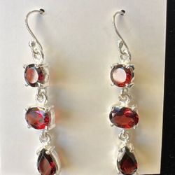 Sterling Silver Triple Garnet Dangle Earrings New